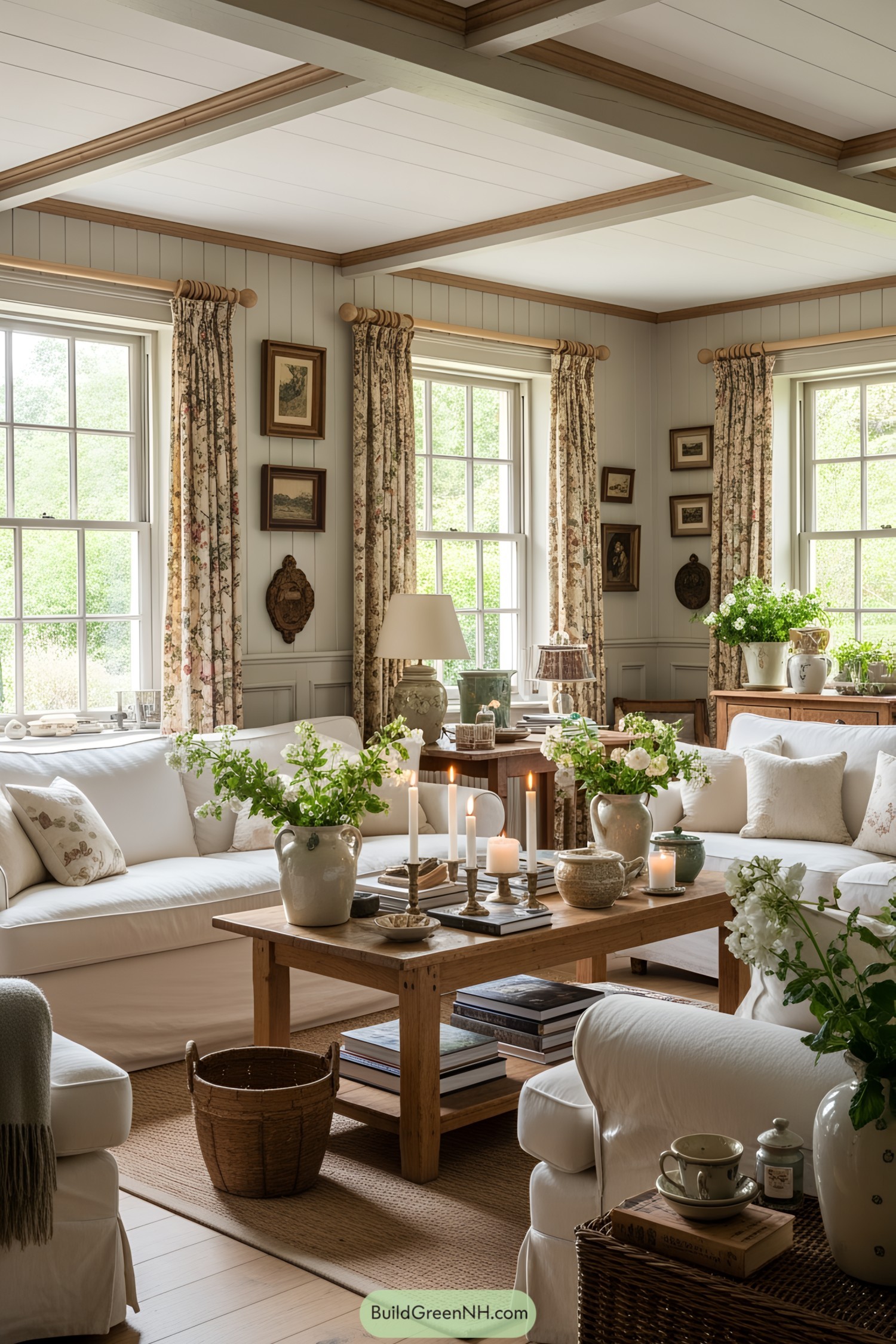 Country-style living room with floral curtains and decor