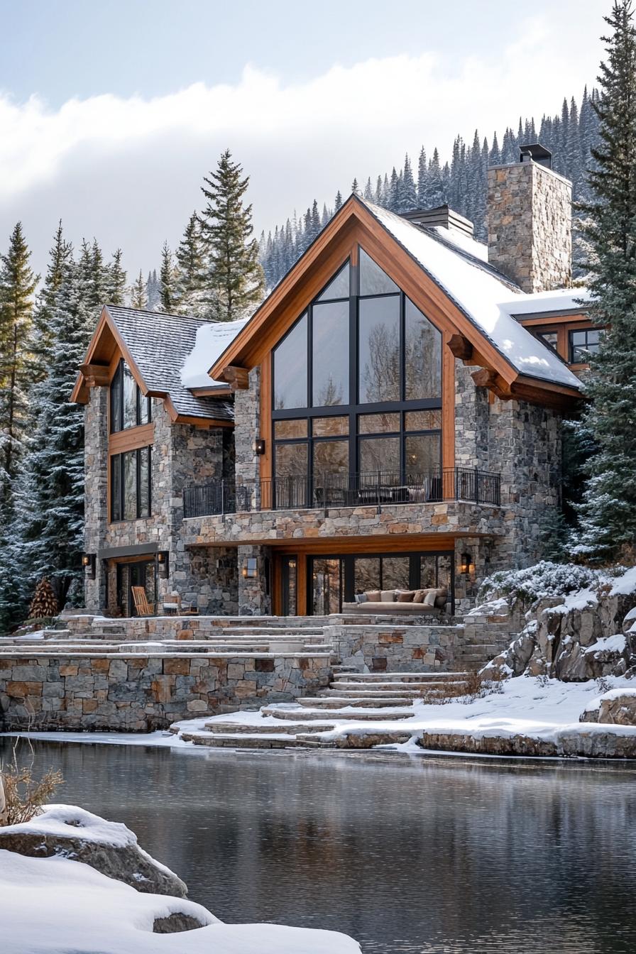 Luxurious stone cabin surrounded by snow and trees