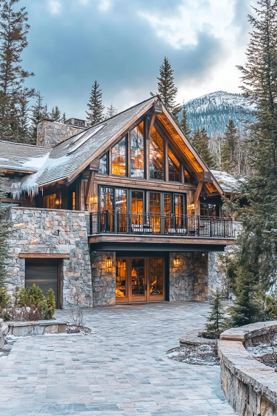 Luxurious stone cabin with large glass windows in a wintery forest setting