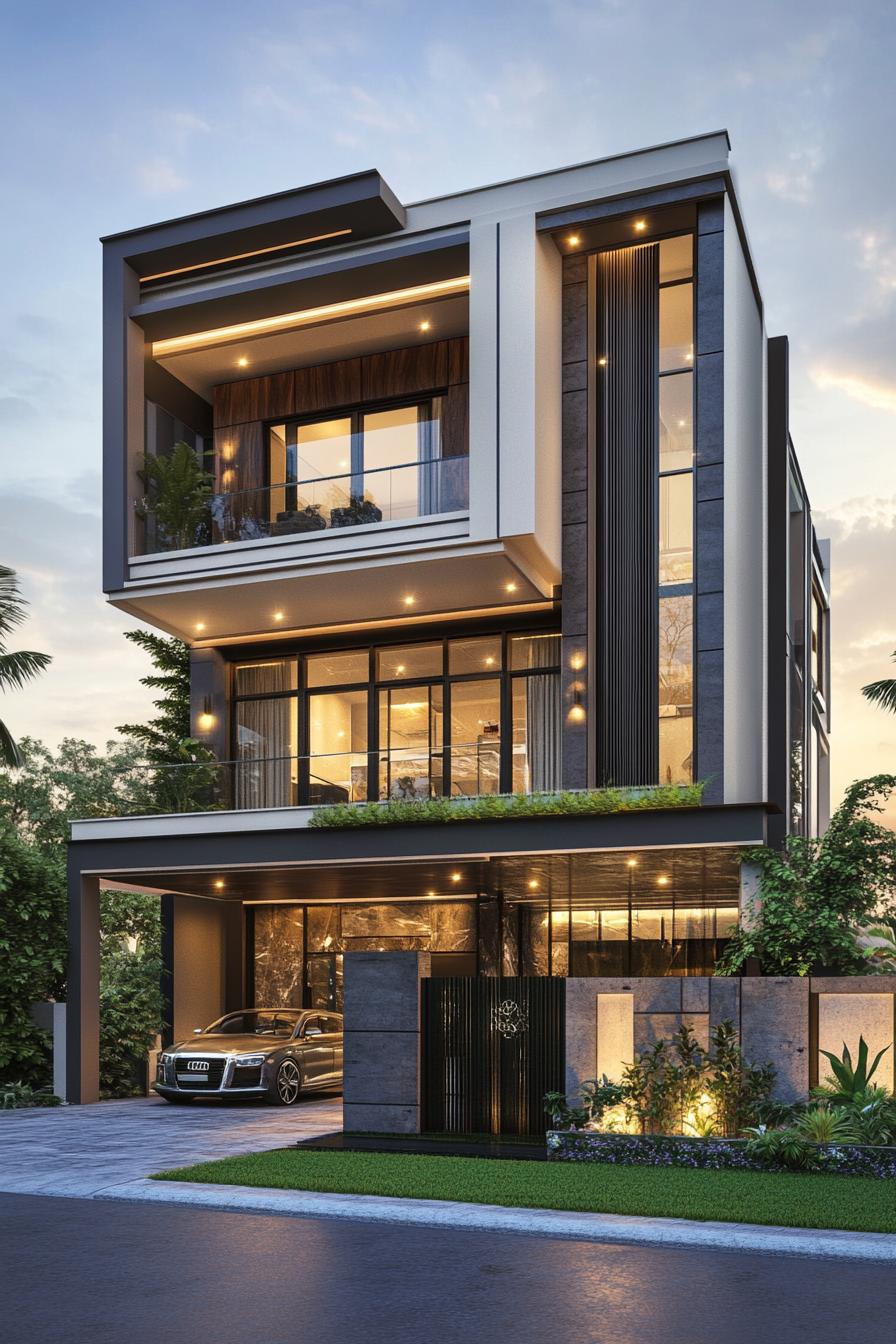 Three-story modern villa with large glass windows and illuminated exterior