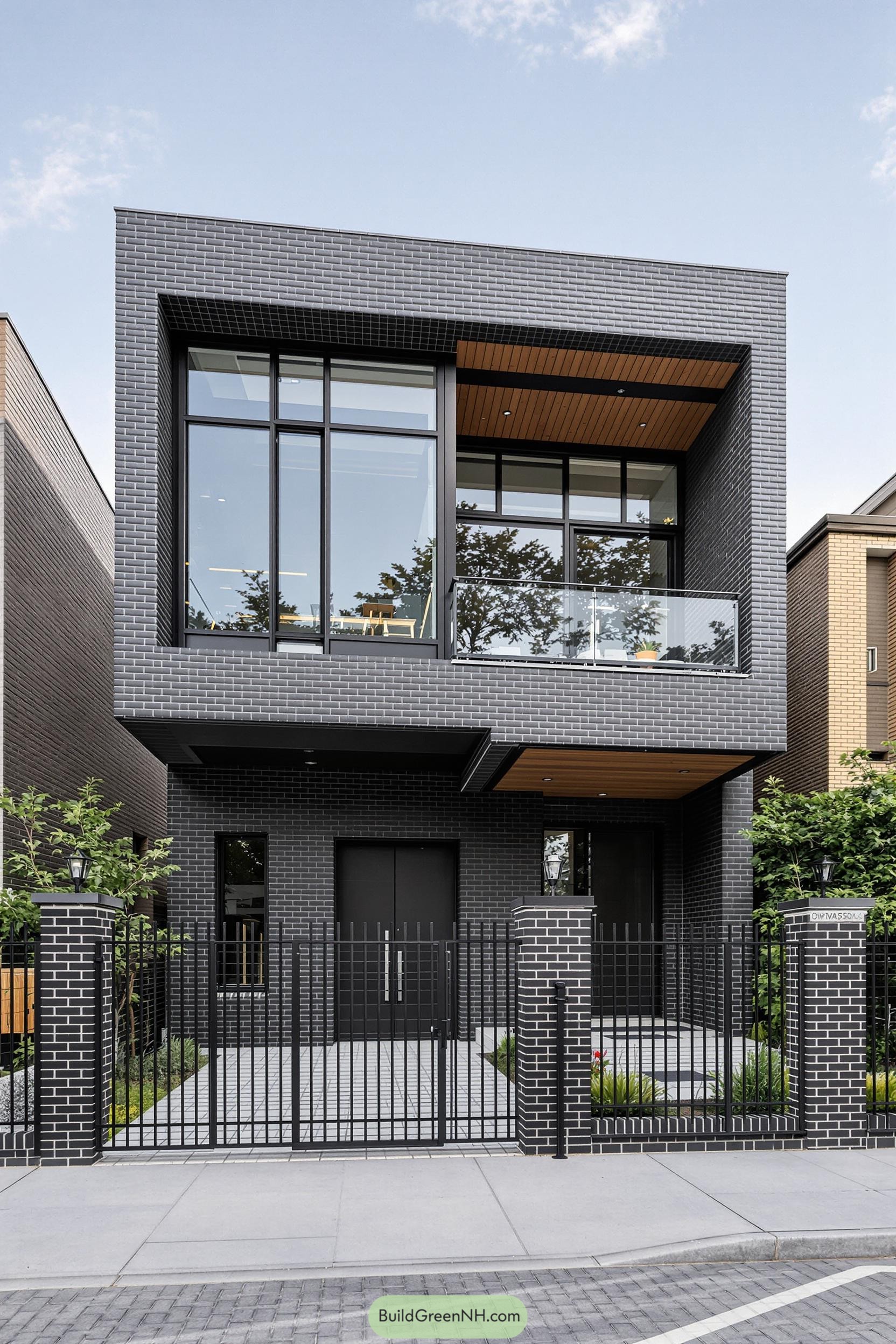 Modern industrial house with sleek black brick facade and large windows