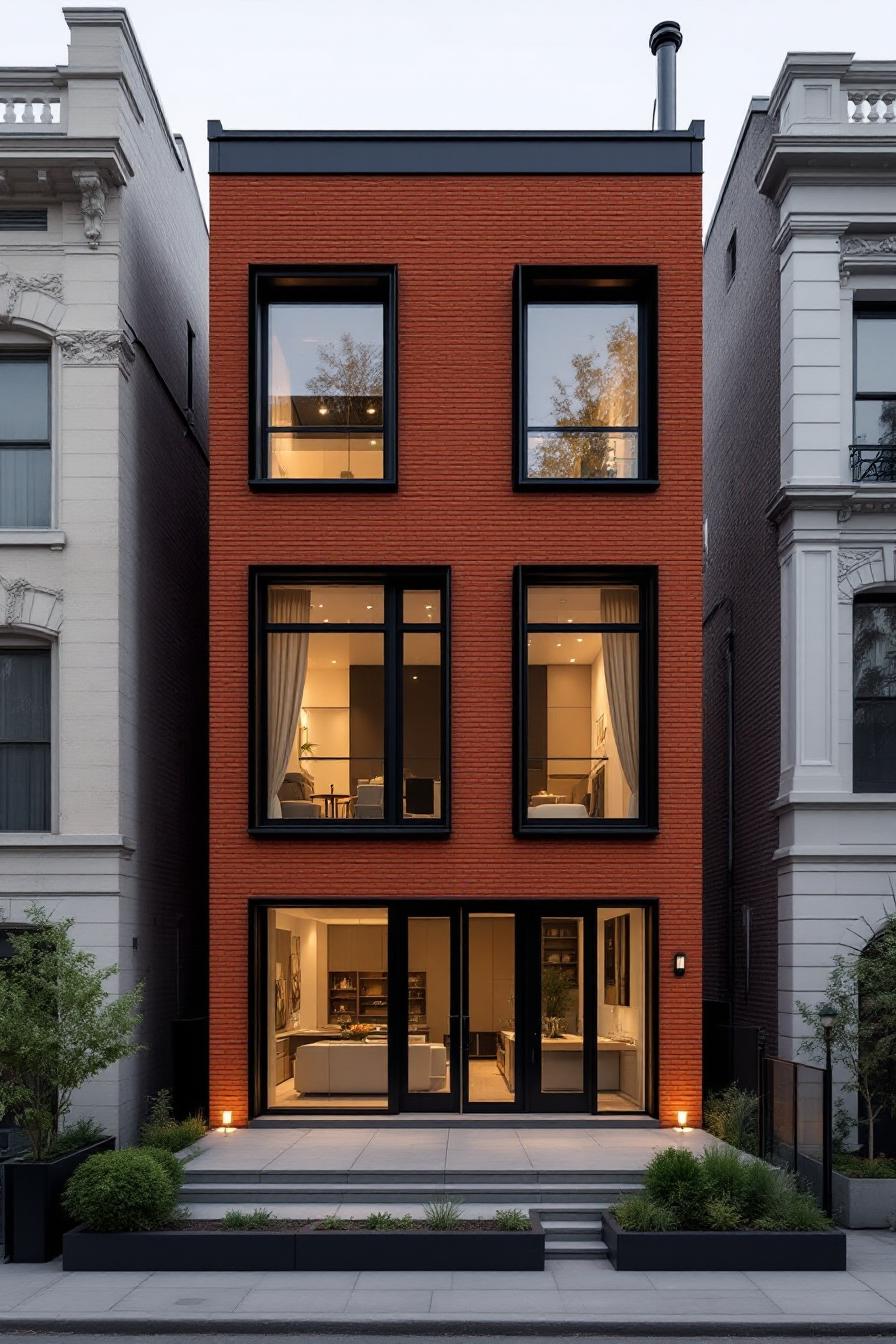 Modern red brick facade with large windows