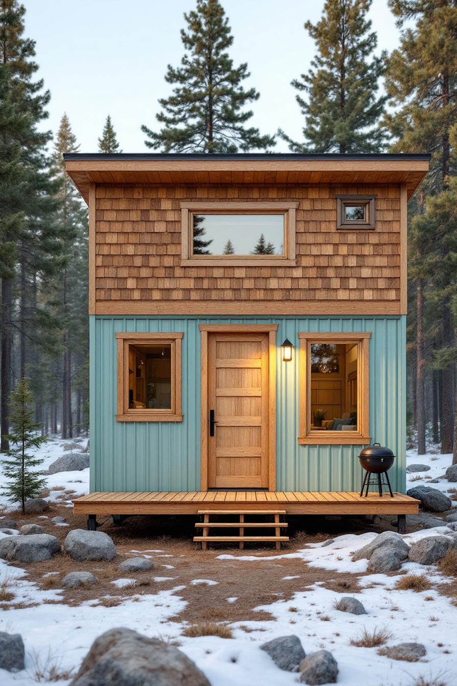 Small wooden house in a snowy forest setting