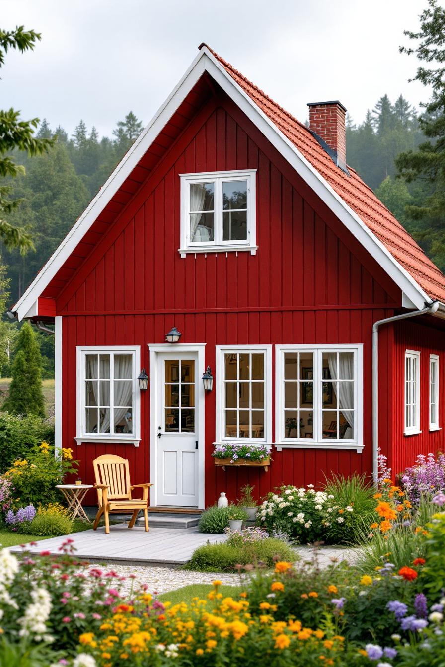 Red cottage with white trim and lush garden in the countryside