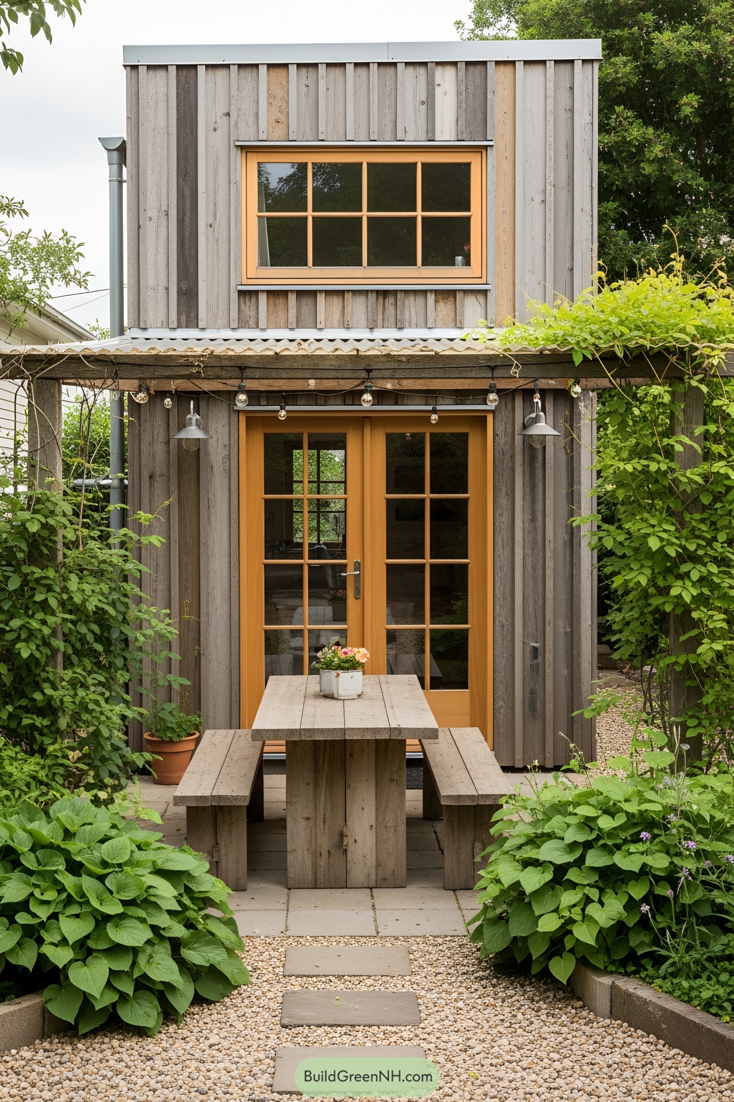 Small wooden house with a rustic porch and garden