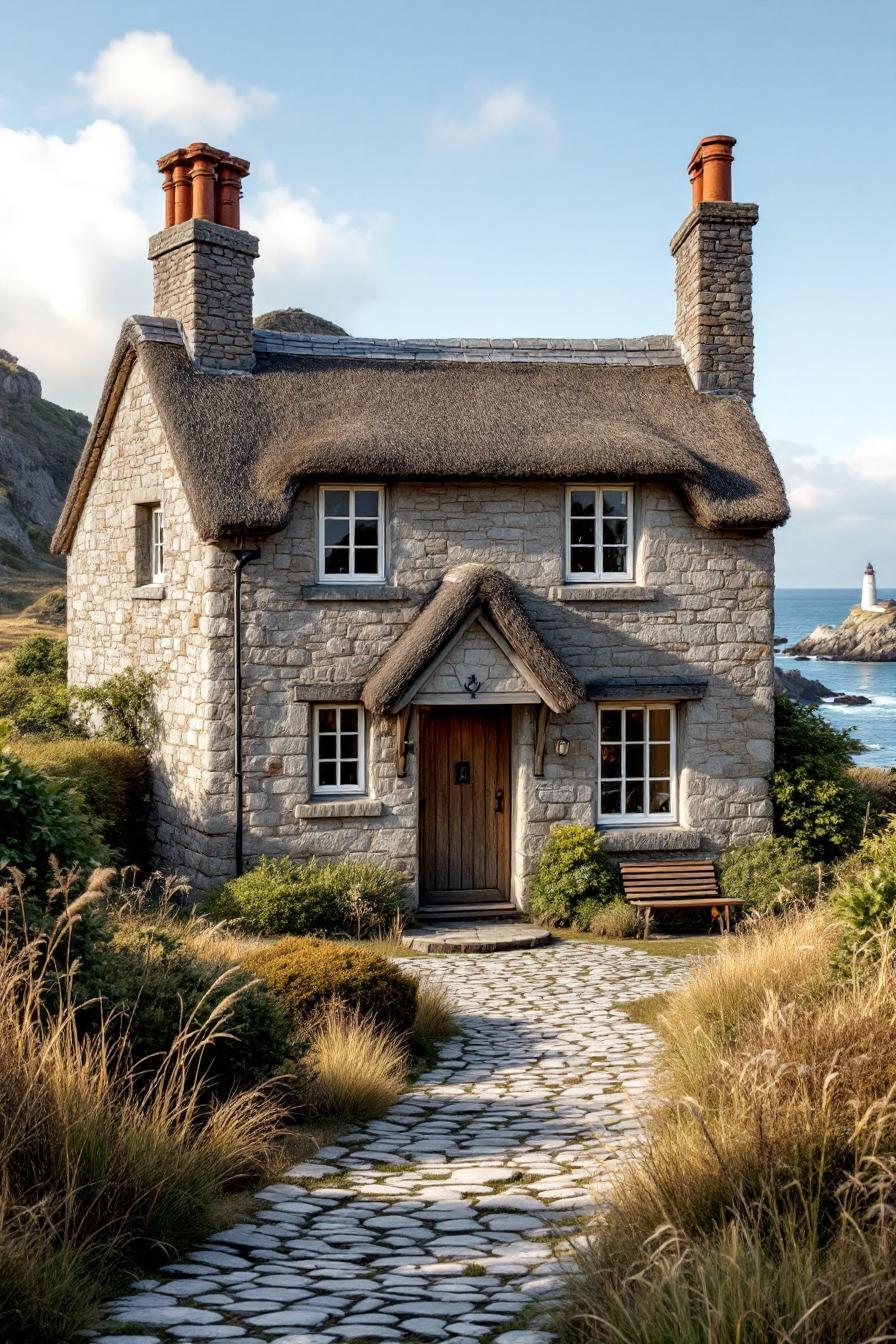 Charming stone cottage with thatched roof by the coast