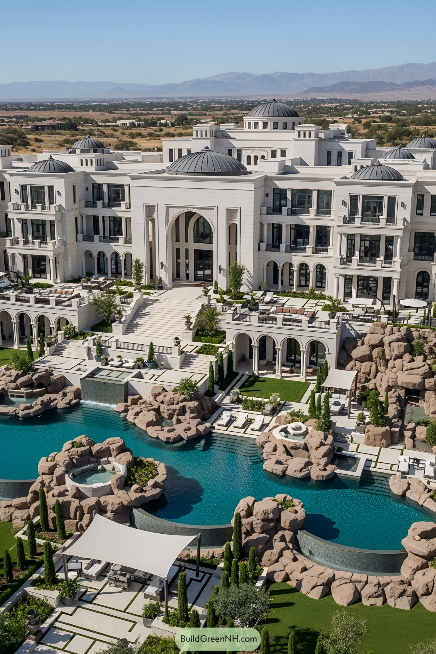 A colossal mansion with pools and rocky landscaping