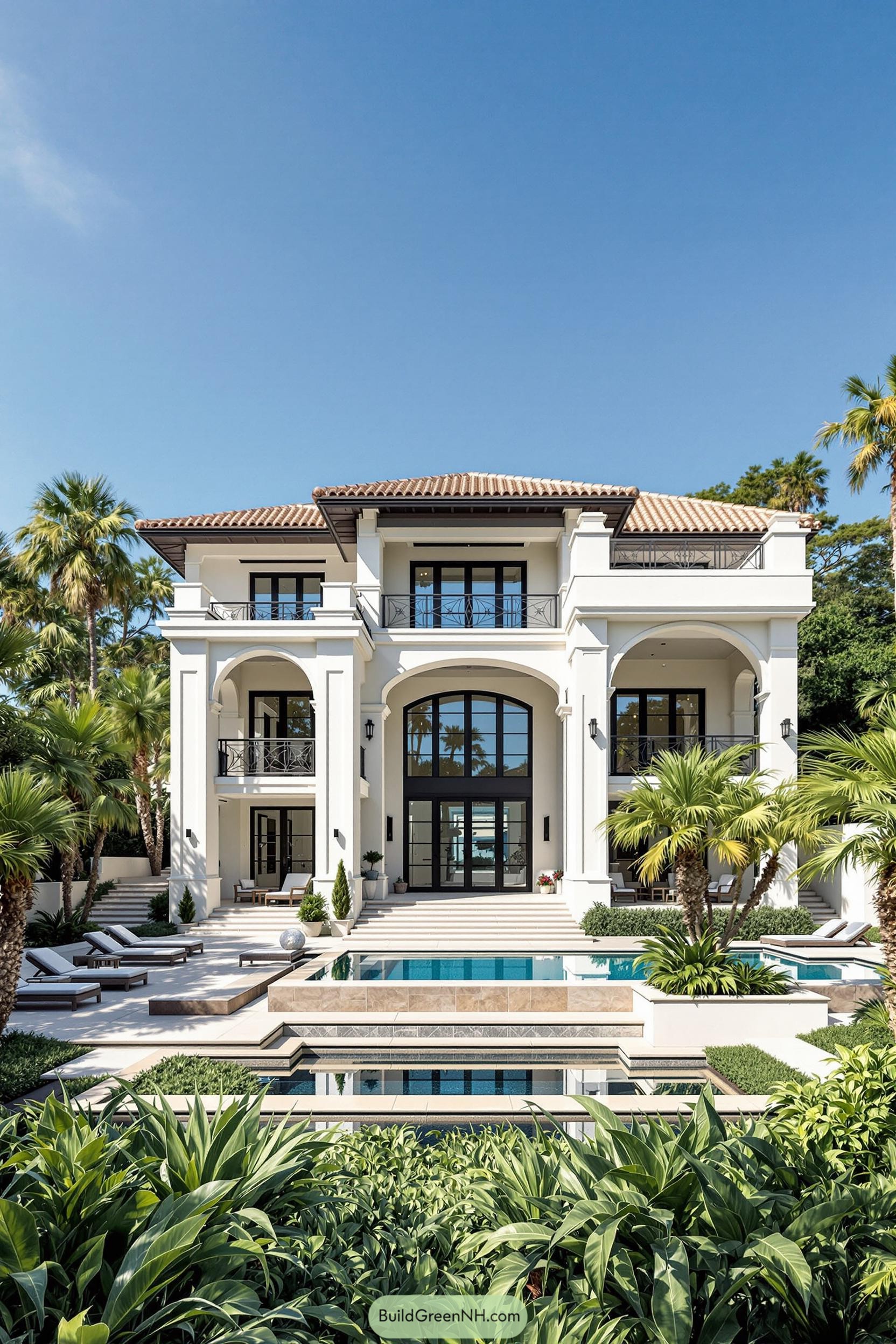 Luxury mansion surrounded by palm trees with a sleek pool
