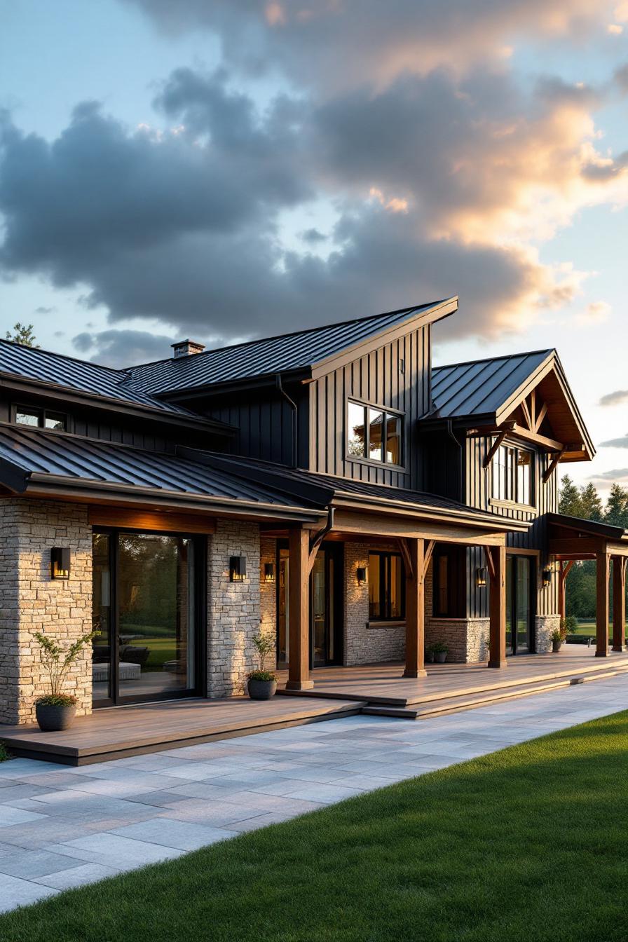 Elegant barndominium with modern finishes at dusk