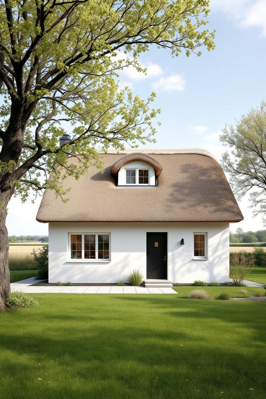 Charming white cottage with a thatched roof and lush green surroundings