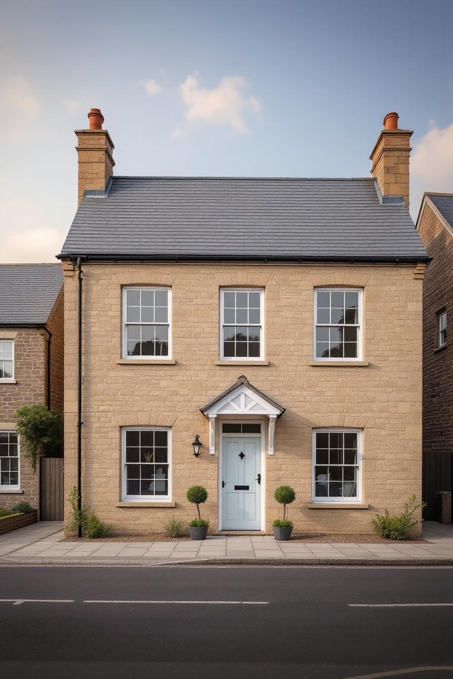 Elegant Georgian cottage with a blue door and tidy shrubs