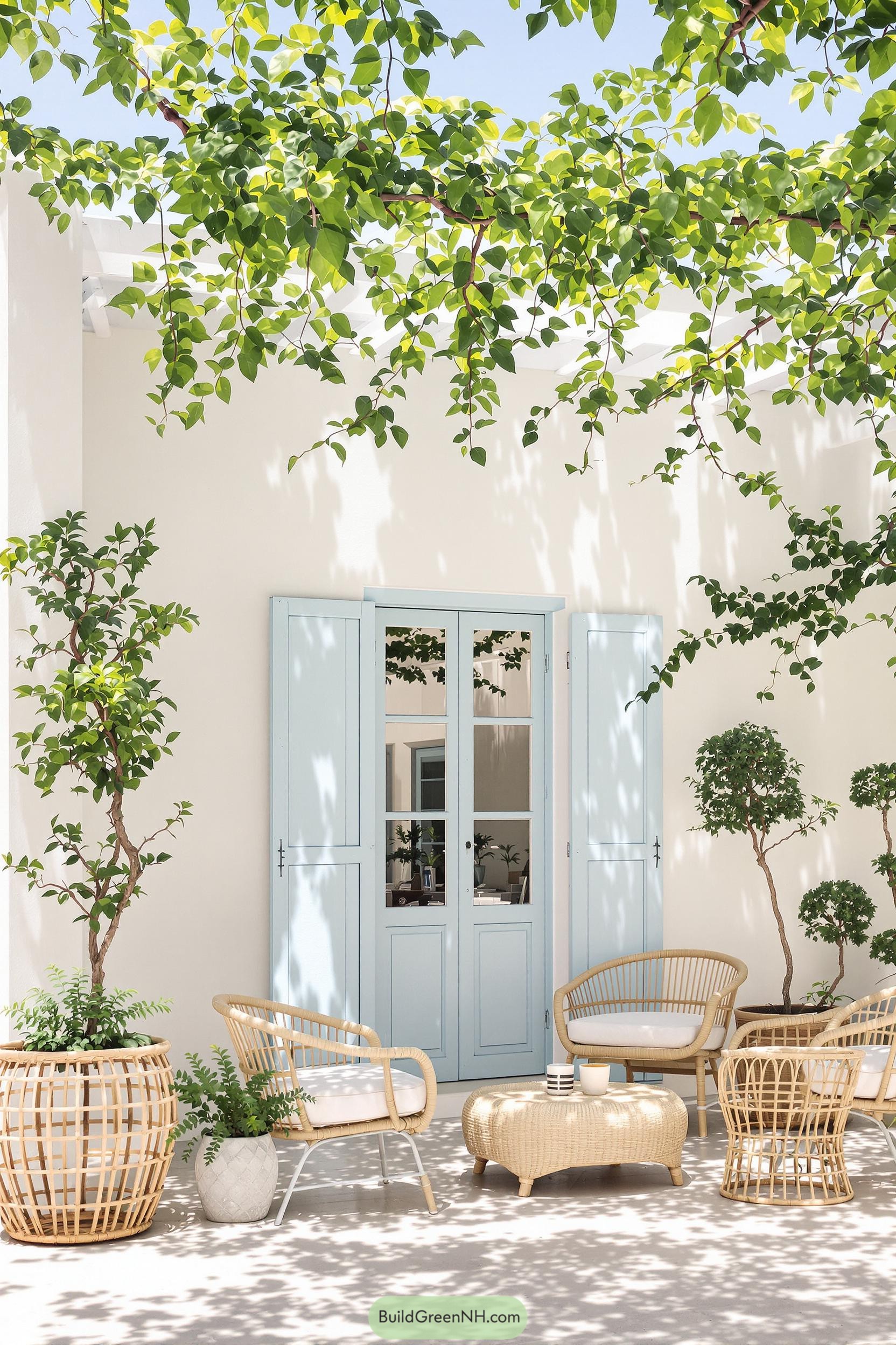 Leafy courtyard with light blue doors and wicker chairs