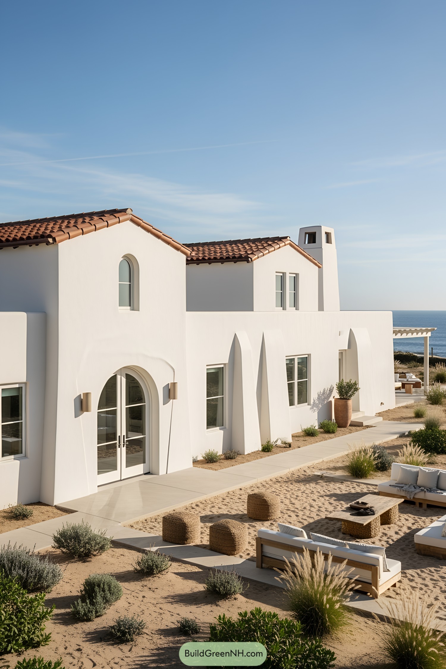 Modern white beach house with terracotta roof and ocean view