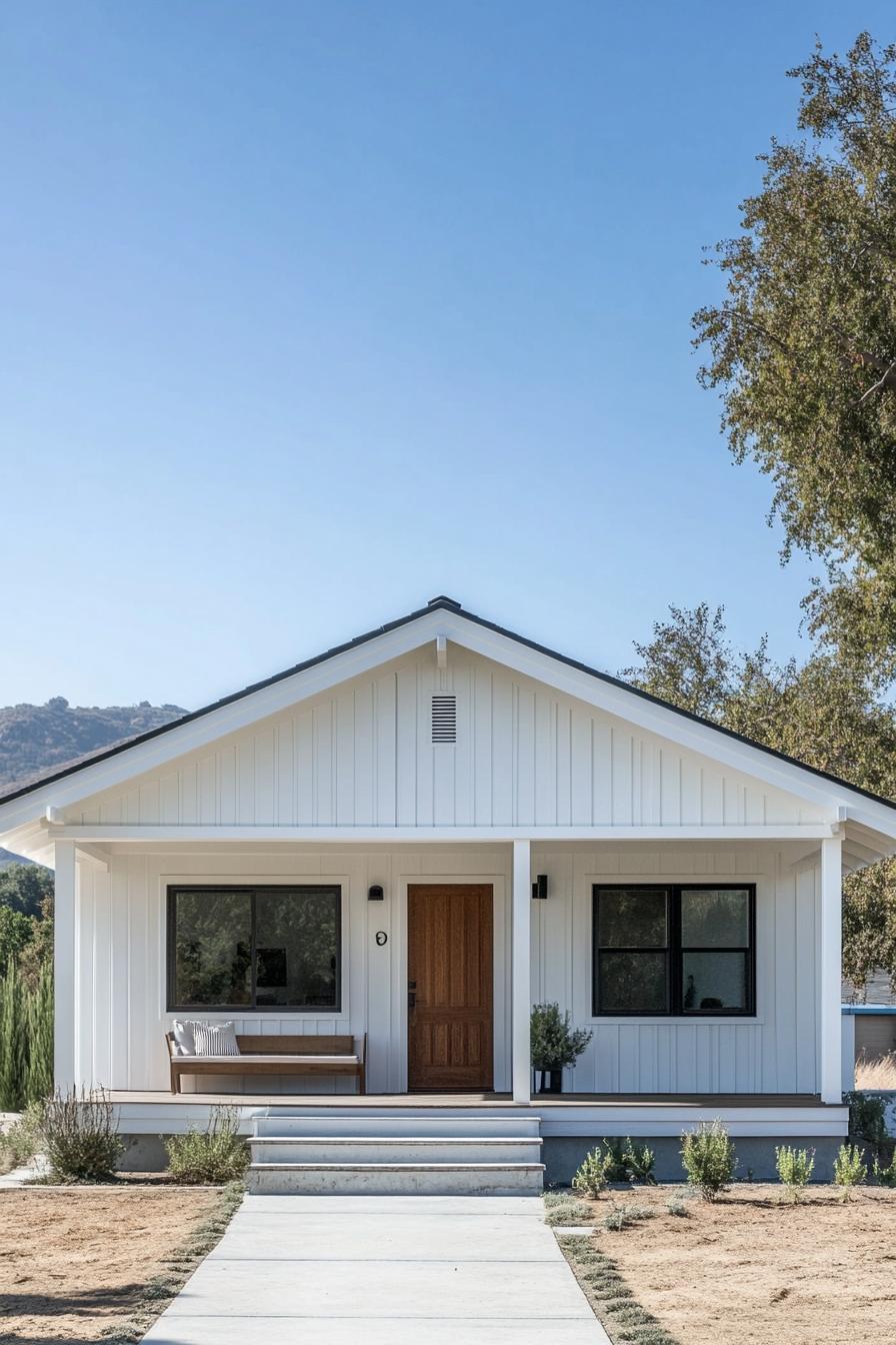 White bungalow with a wooden door and a welcoming porch