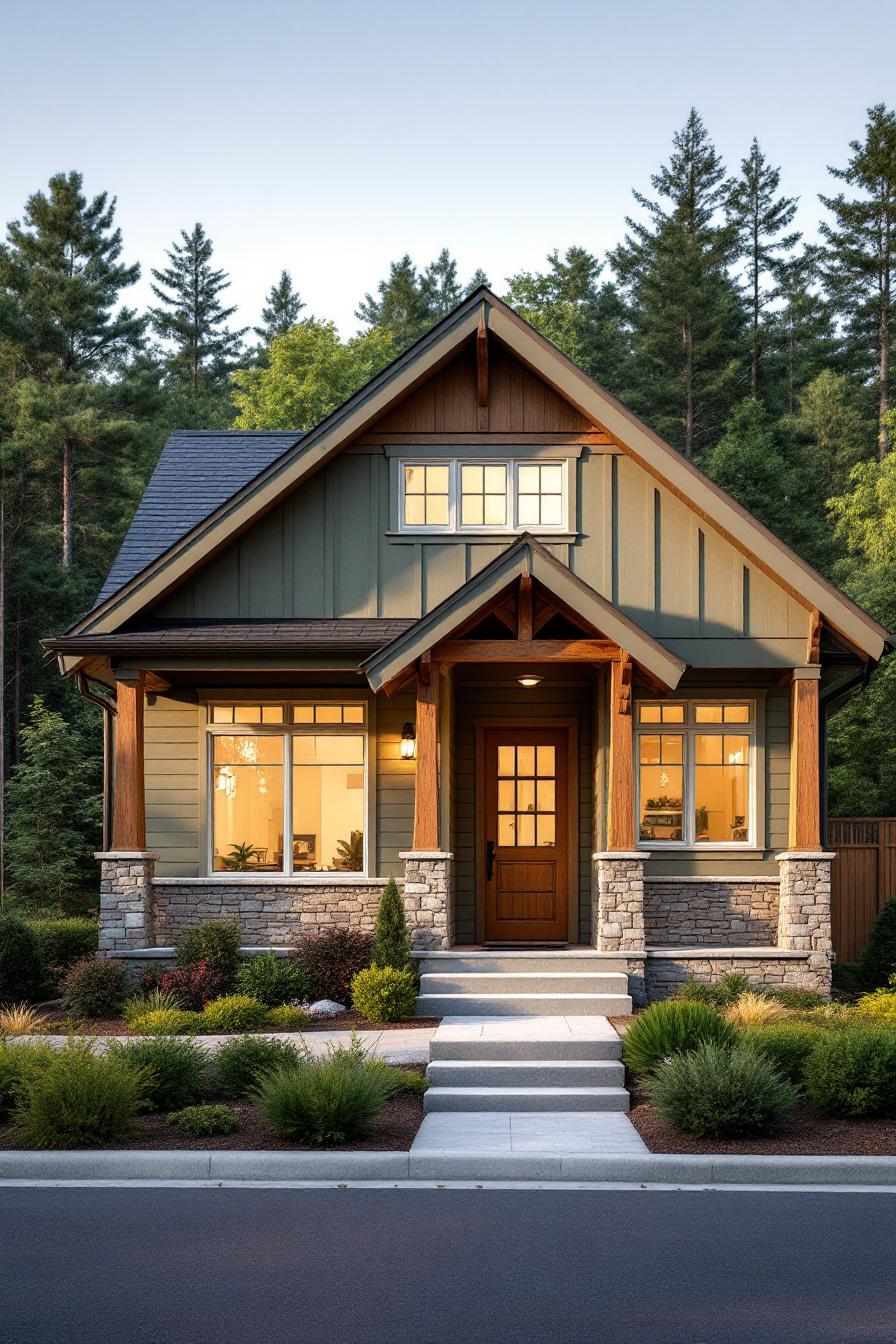 Quaint green Craftsman bungalow with wooden accents