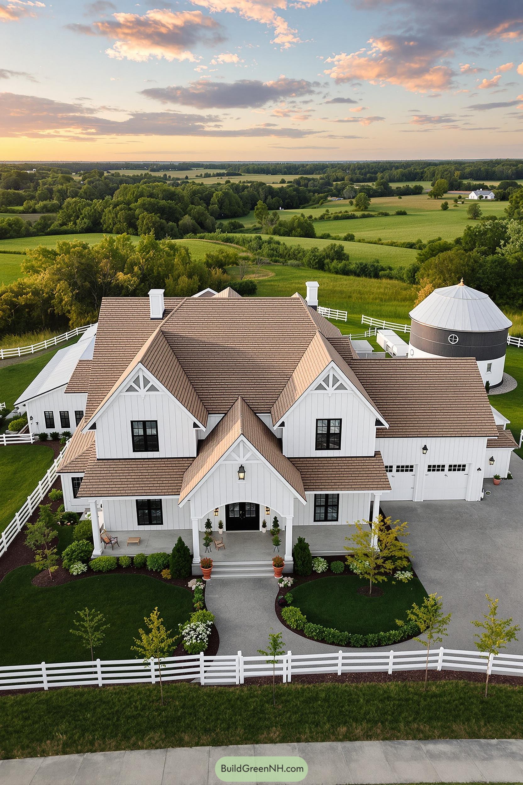 White farmhouse with large porch and manicured lawn