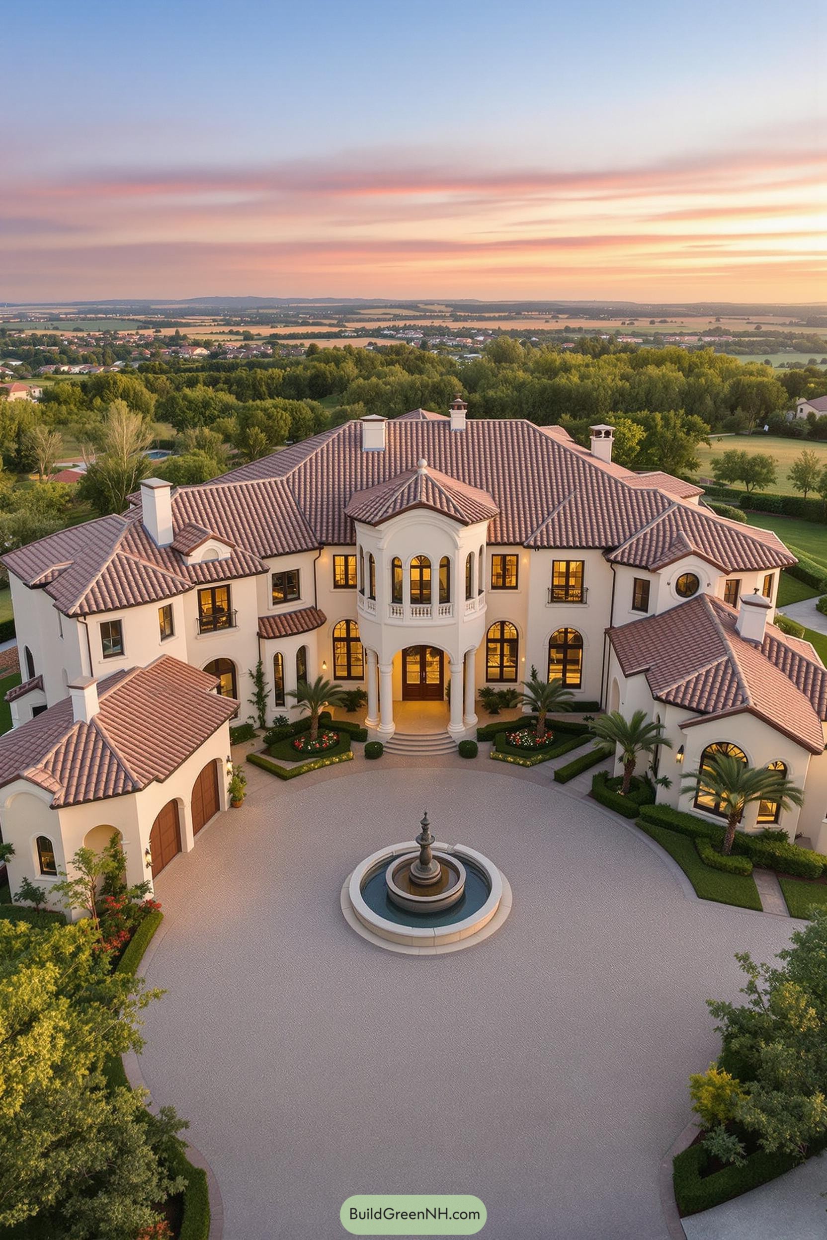 Elegant Tuscan villa surrounded by lush greenery at sunset