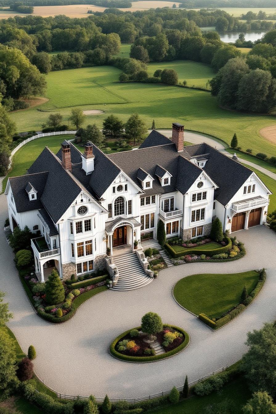 Luxurious country mansion with a circular driveway