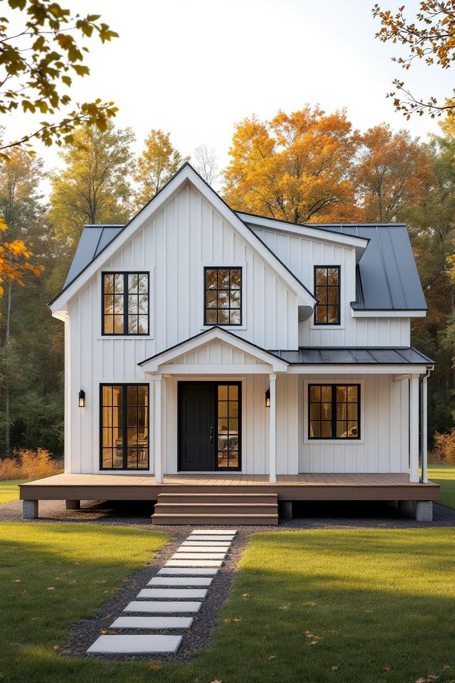 Charming white barndominium amidst vibrant autumn trees