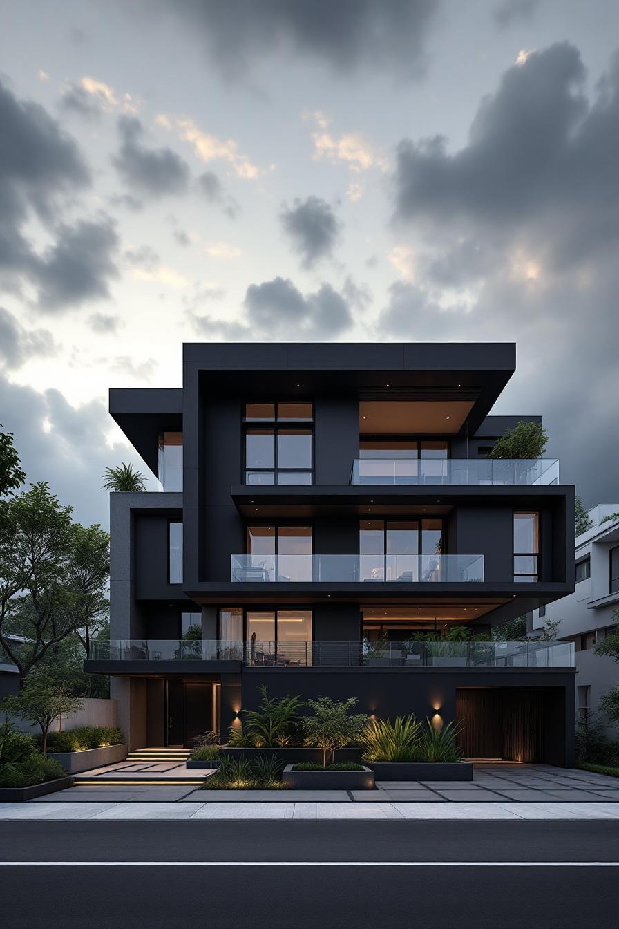 A sleek black modern house under a cloudy sky