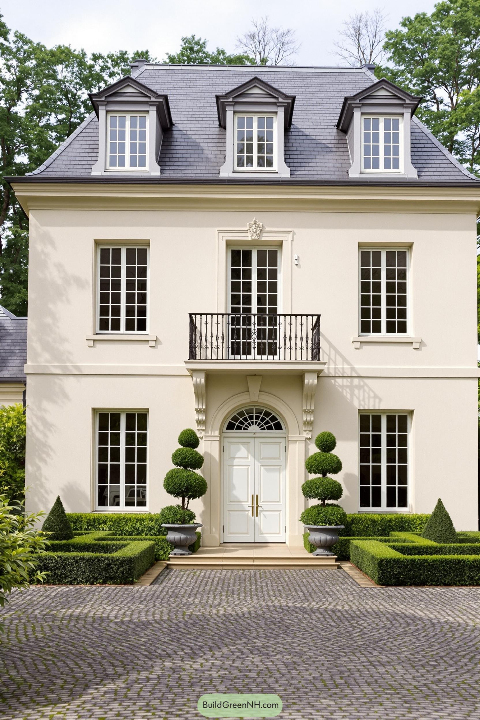 Elegant cream-toned house with symmetrical windows