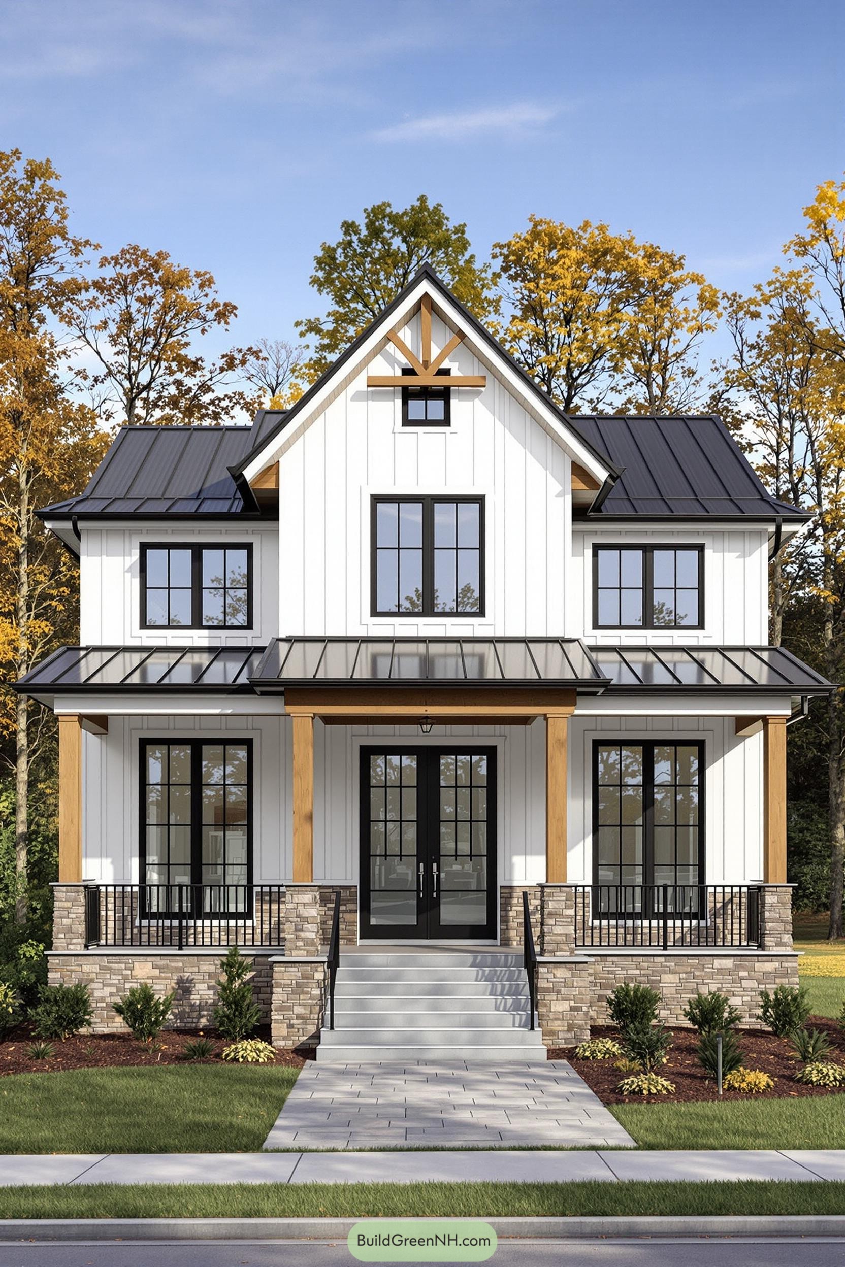 Modern farmhouse with black windows and stone detail