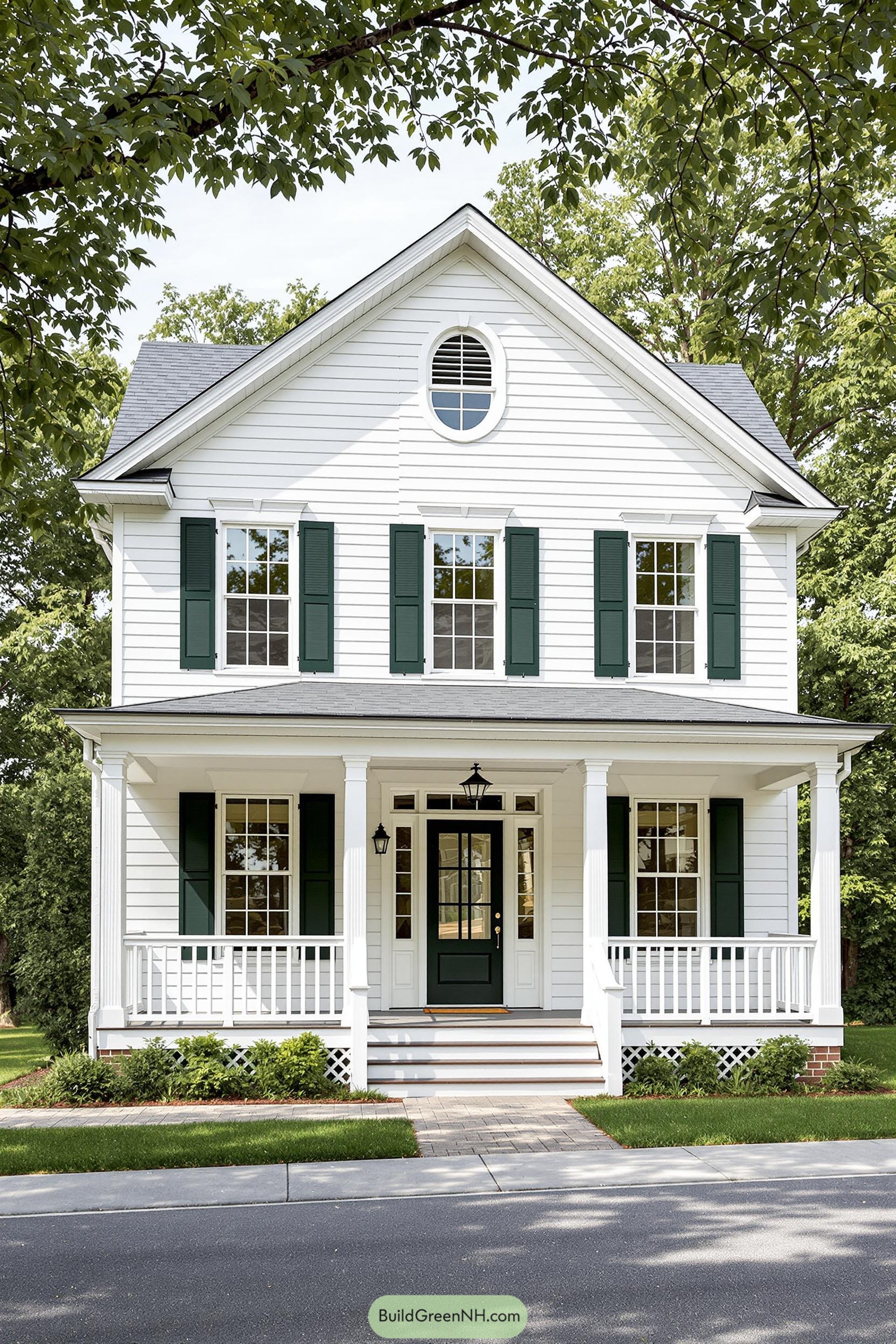 Elegant country house with green shutters and charming porch