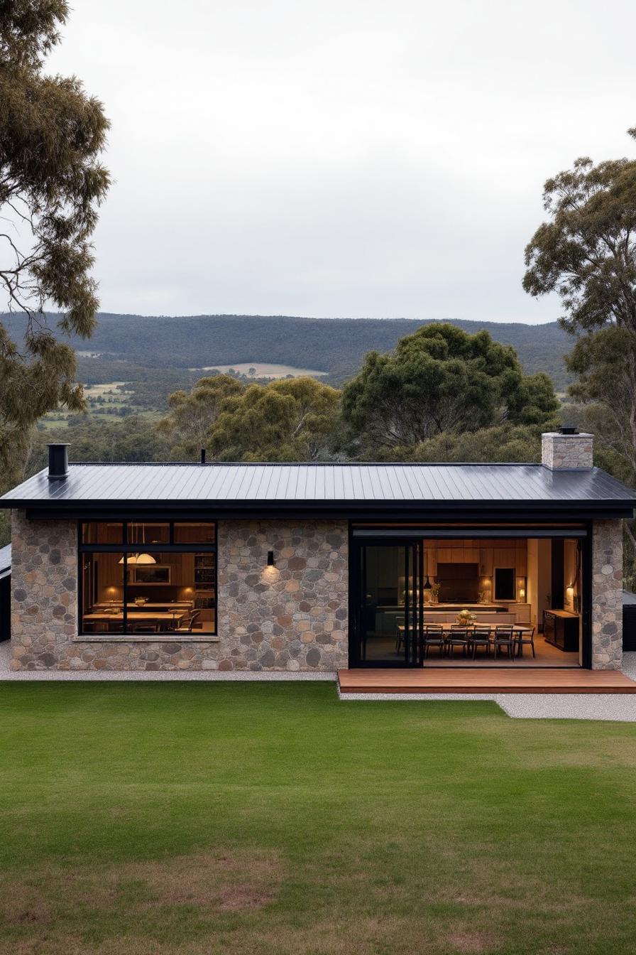 Modern stone house with large windows and a metal roof