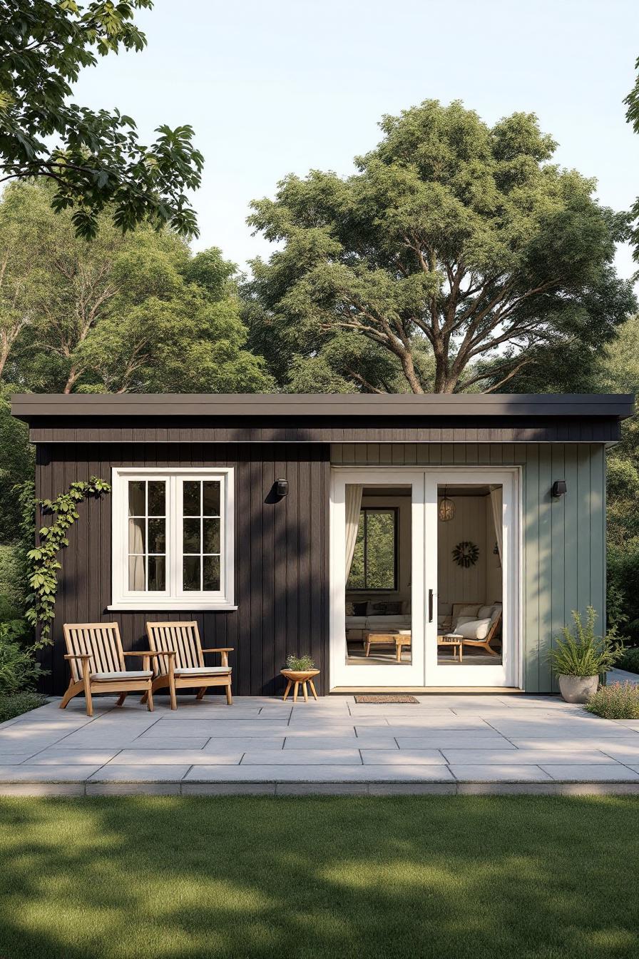 Small modern cottage with patio and chairs