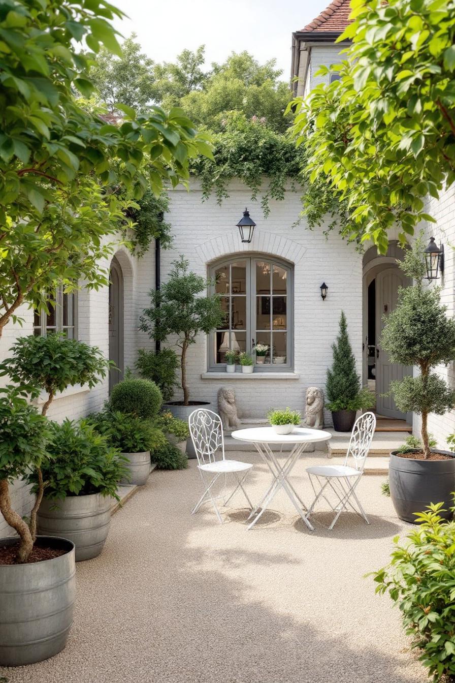 Charming English courtyard with lush greenery and a cozy seating arrangement