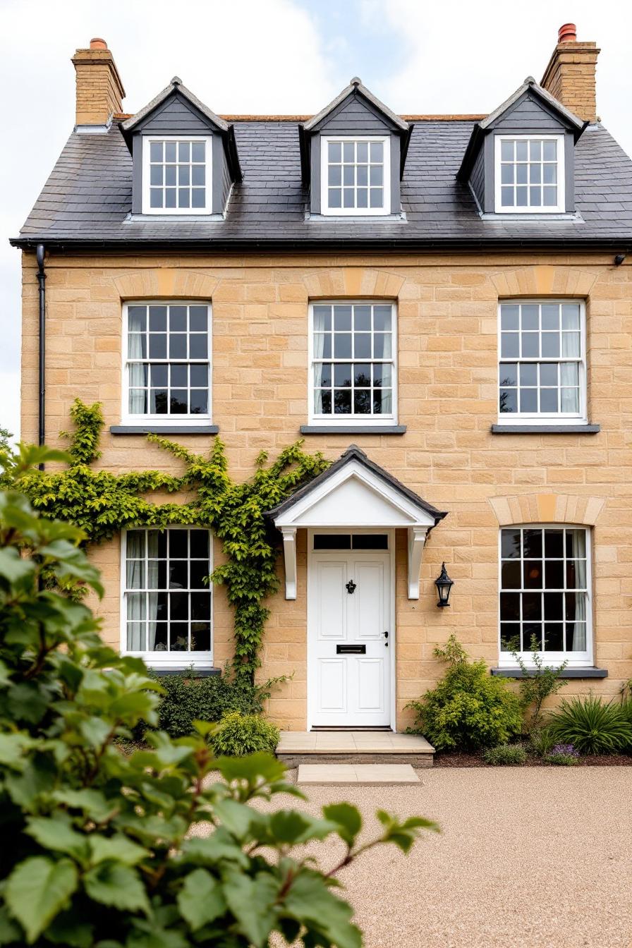 Elegant Georgian cottage with ivy-covered facade and triple dormers