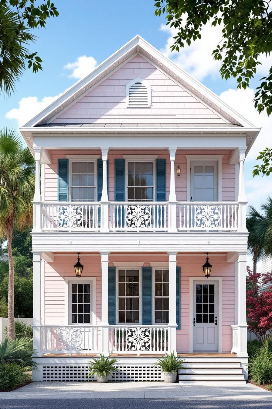 Charming pink cottage with blue shutters and intricate white railings
