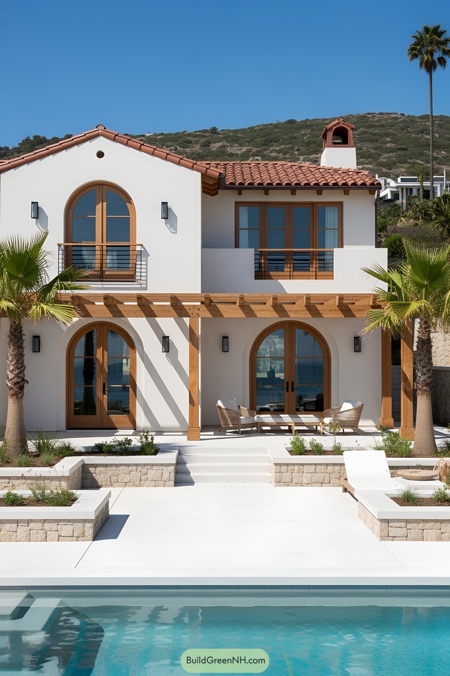 Beachfront house with wooden accents and a pool