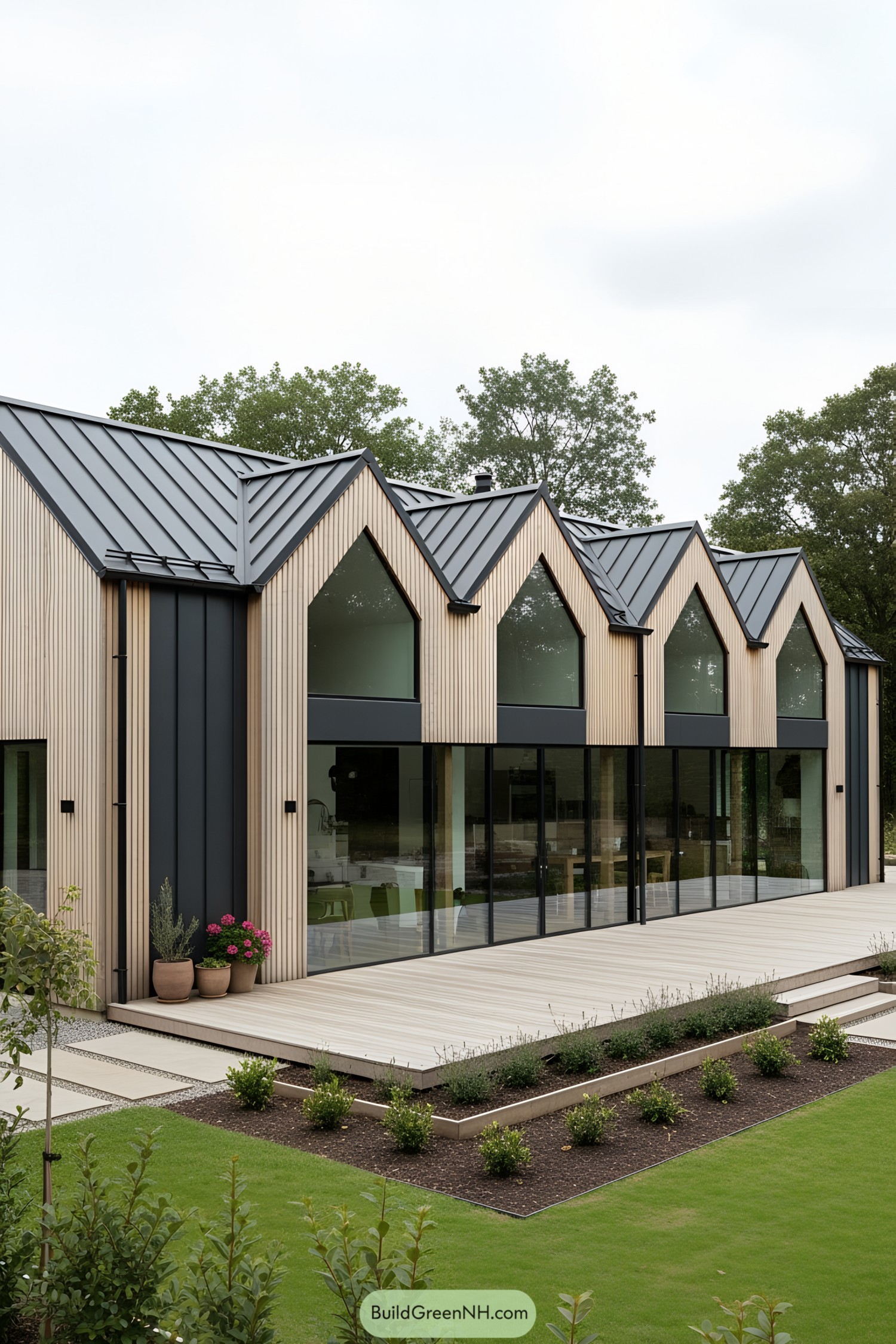 Sleek Scandinavian farmhouse with distinctive gabled roof
