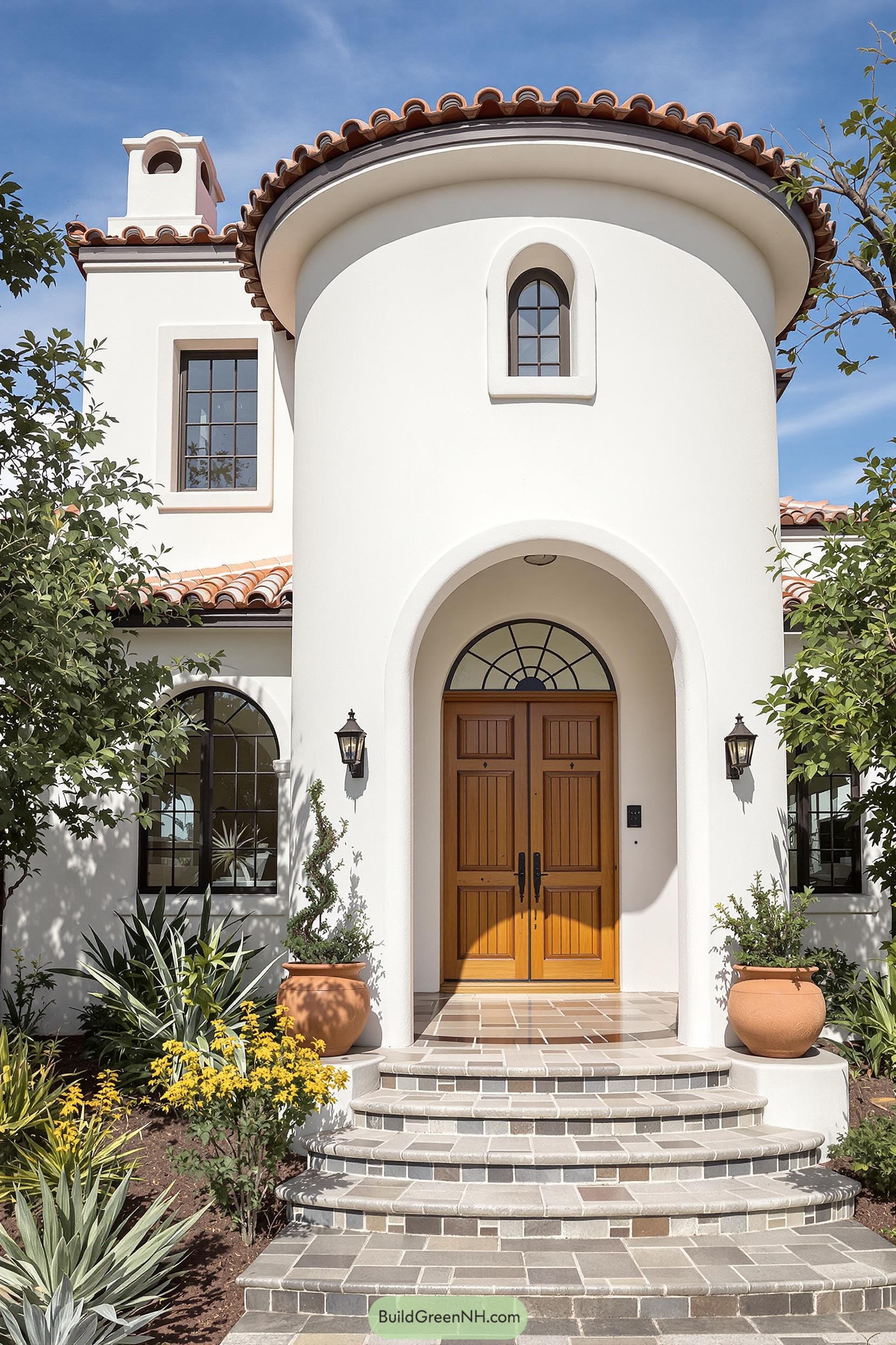 Front view of a Spanish Revival house with arched entrance and terracotta accents