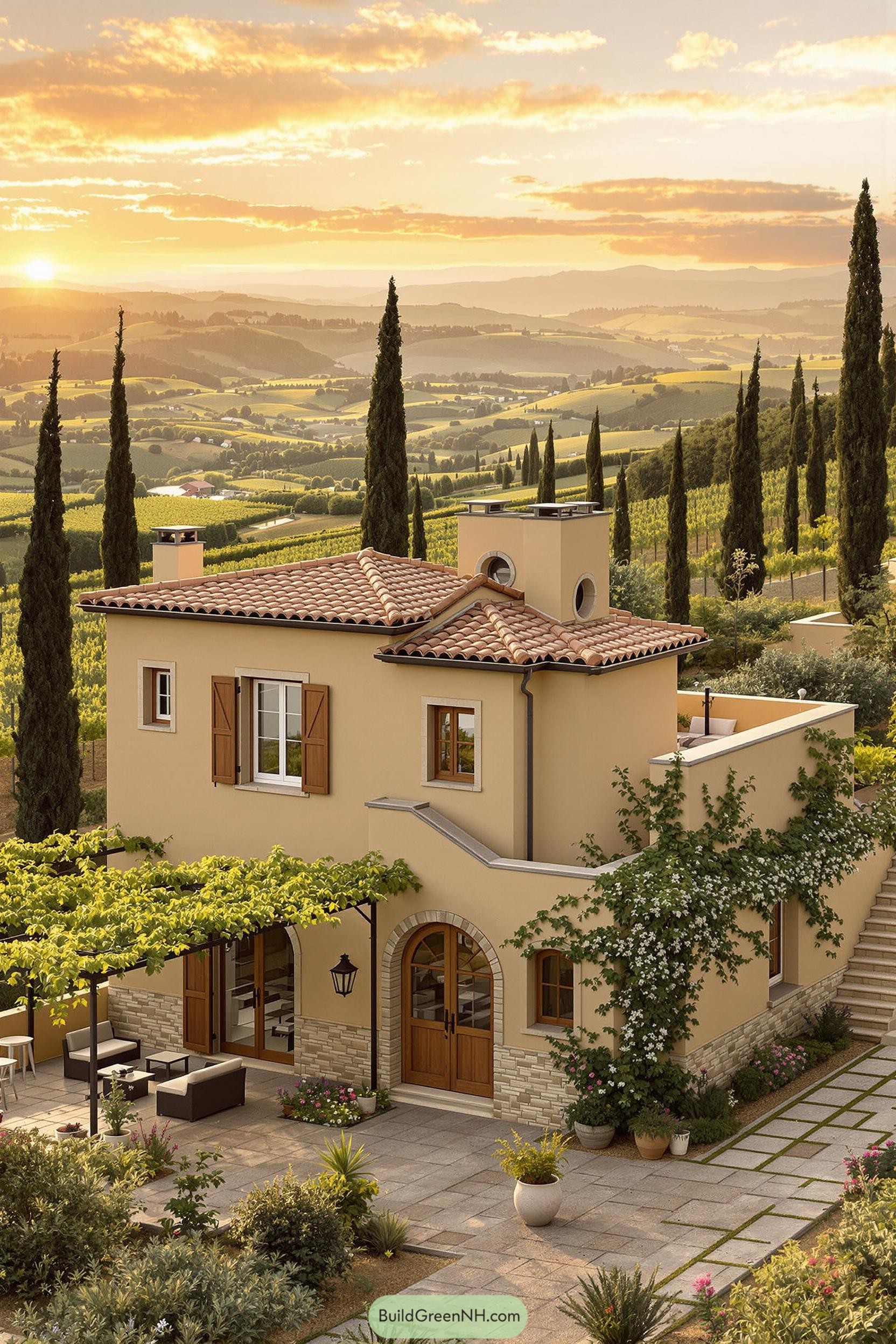 Tuscan cottage with terracotta roof and cypress trees basking in sunset glow