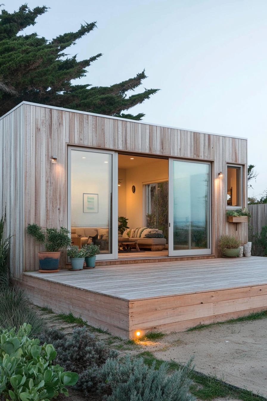 Modern beach shack with wooden deck and large sliding doors