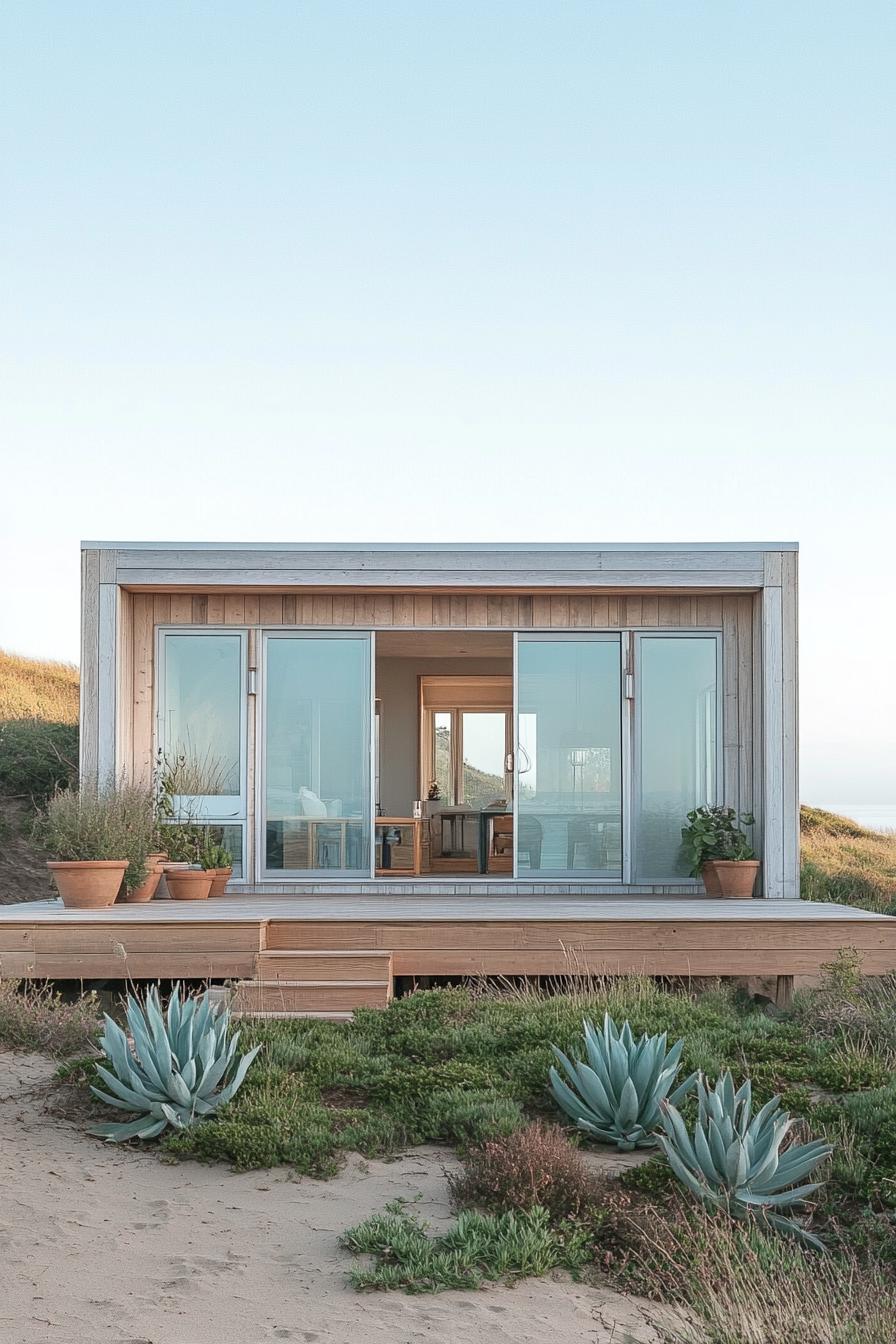 Simple wooden beach hut with sliding glass doors