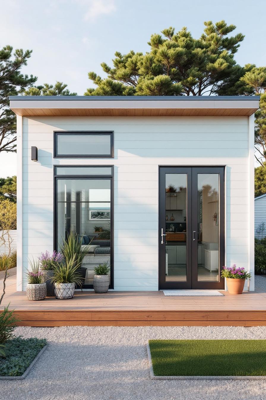 Modern beach shack with sleek glass doors and potted plants