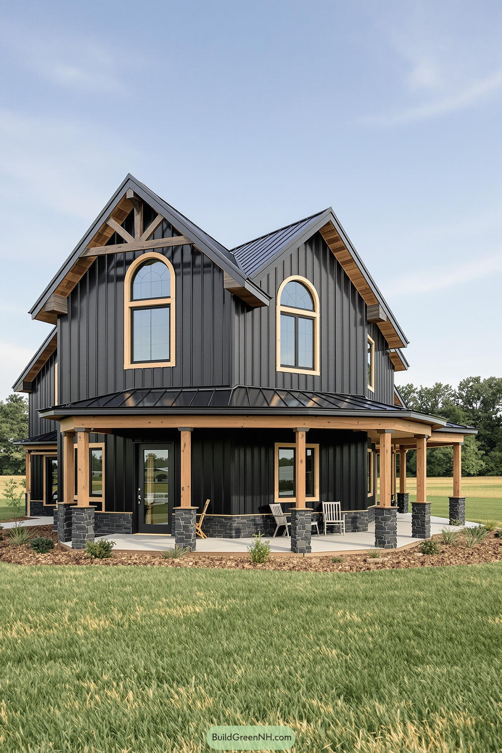 Modern black barndominium with wooden accents and wraparound porch
