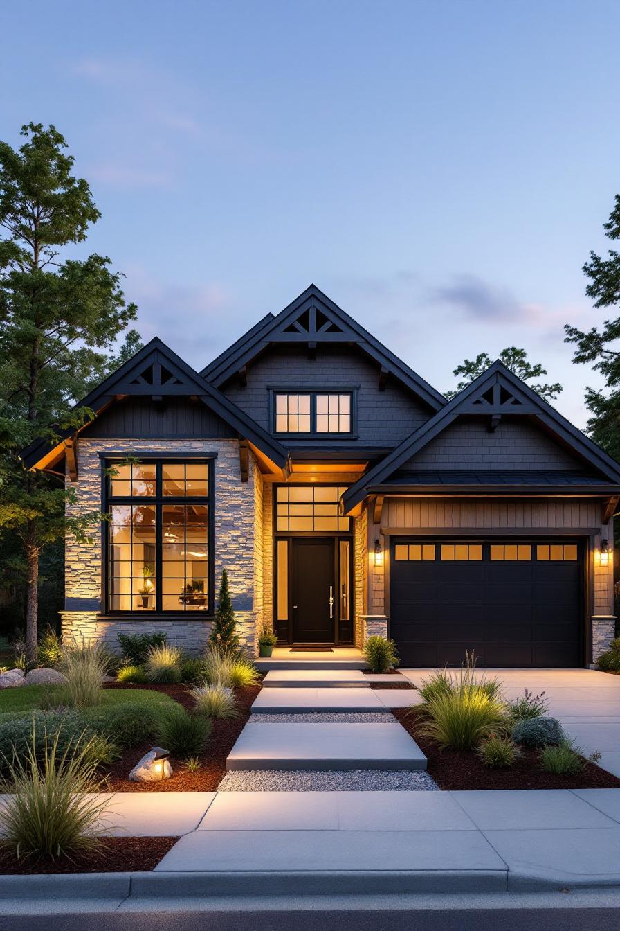 Modern craftsman home amidst trees with glowing lights
