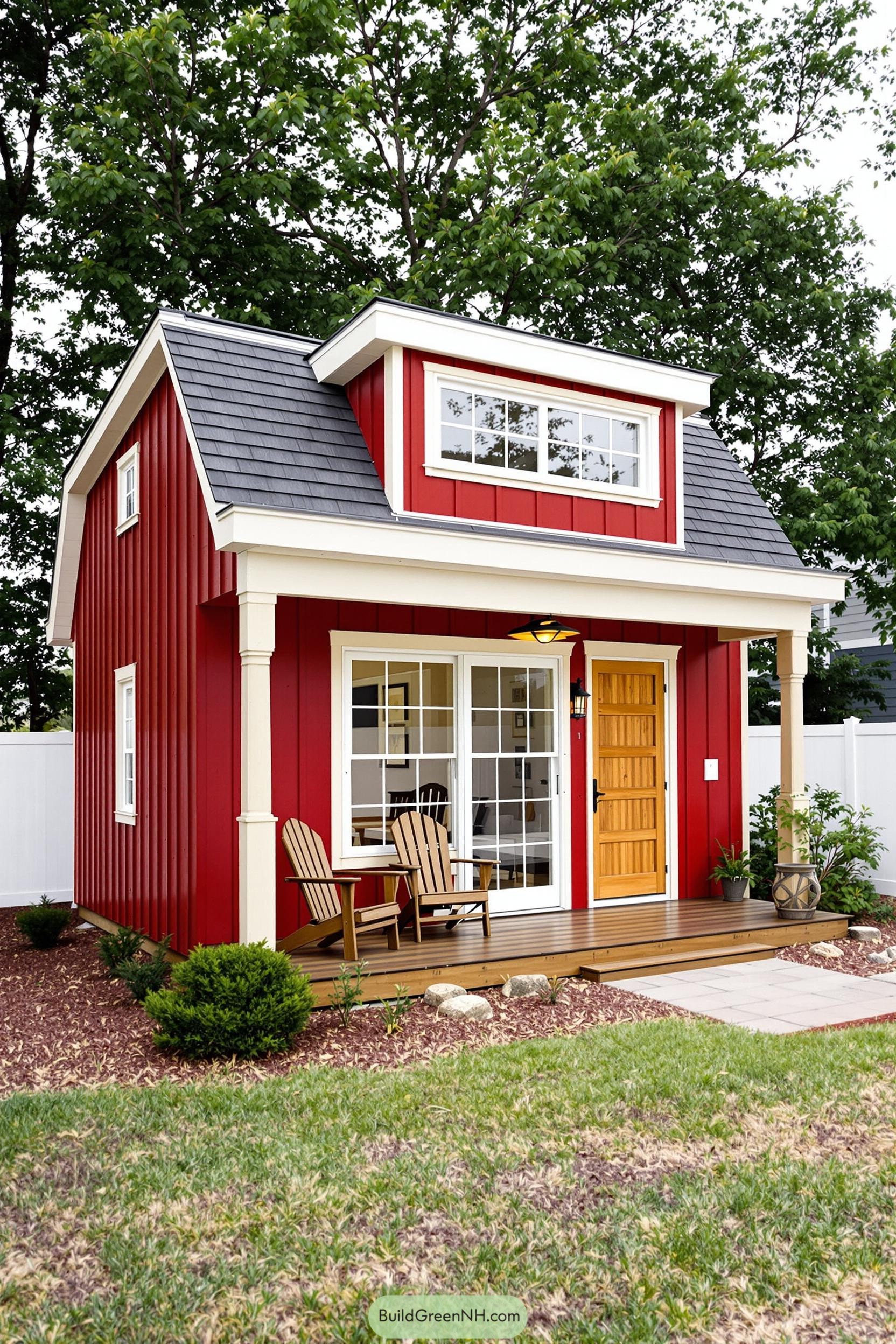 Red craftsman shed with white trim and wooden door