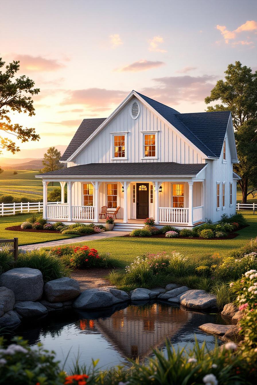 Charming white cottage with a pond in the foreground