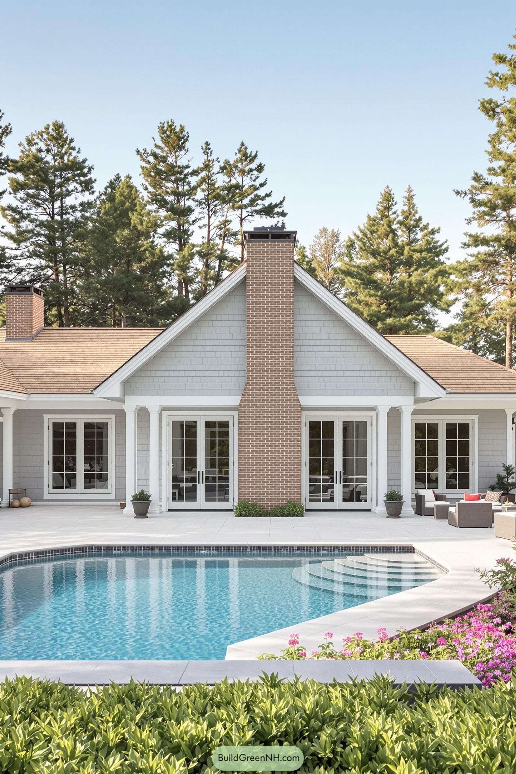 Cozy pool house with lush surroundings