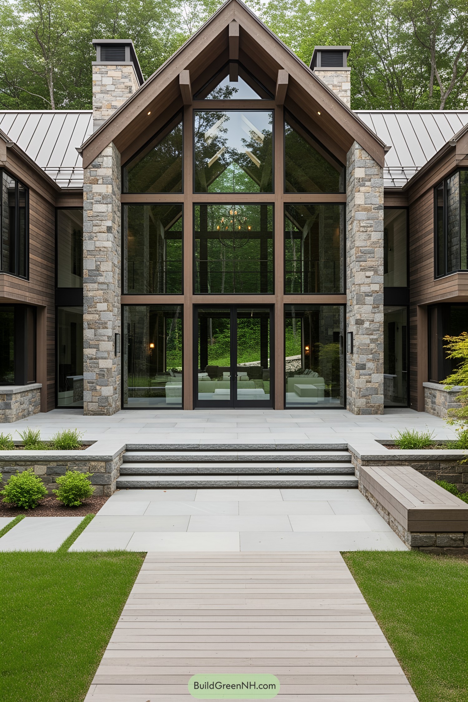 Contemporary villa with large glass windows and stone accents