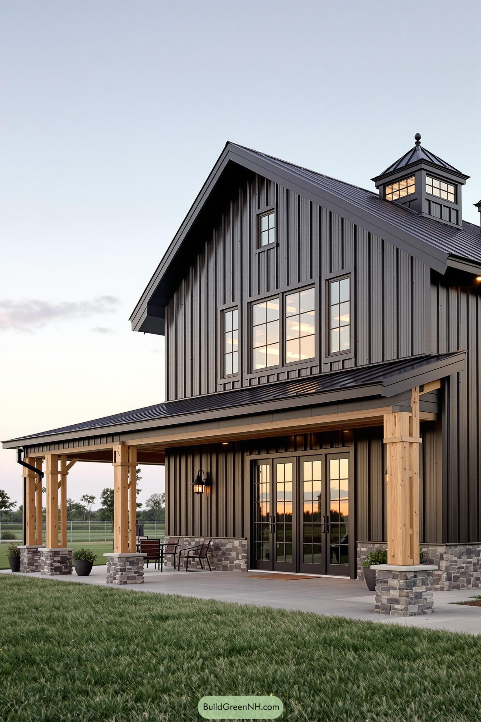 Pole barn house with large windows and stone accents