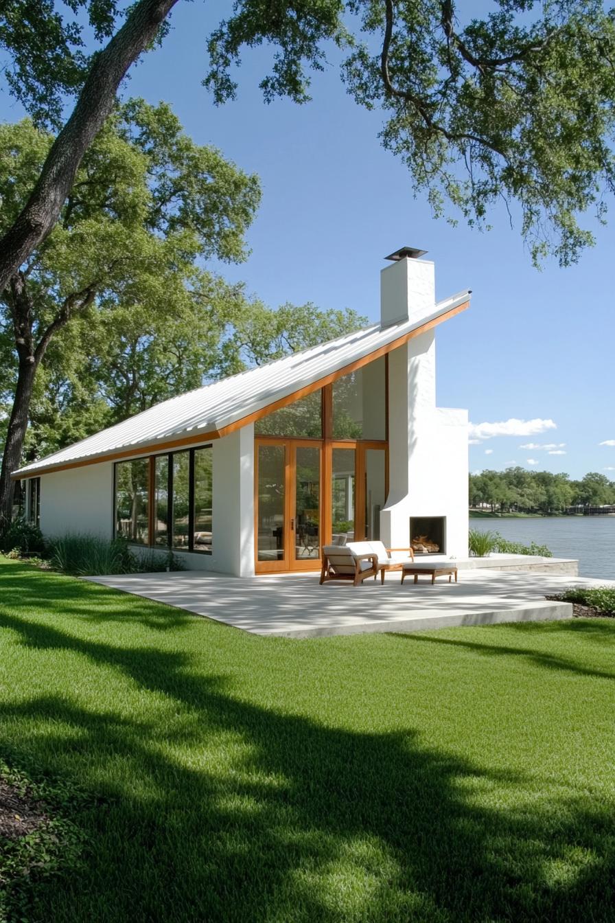 Cozy riverside house with sloped roof and large windows