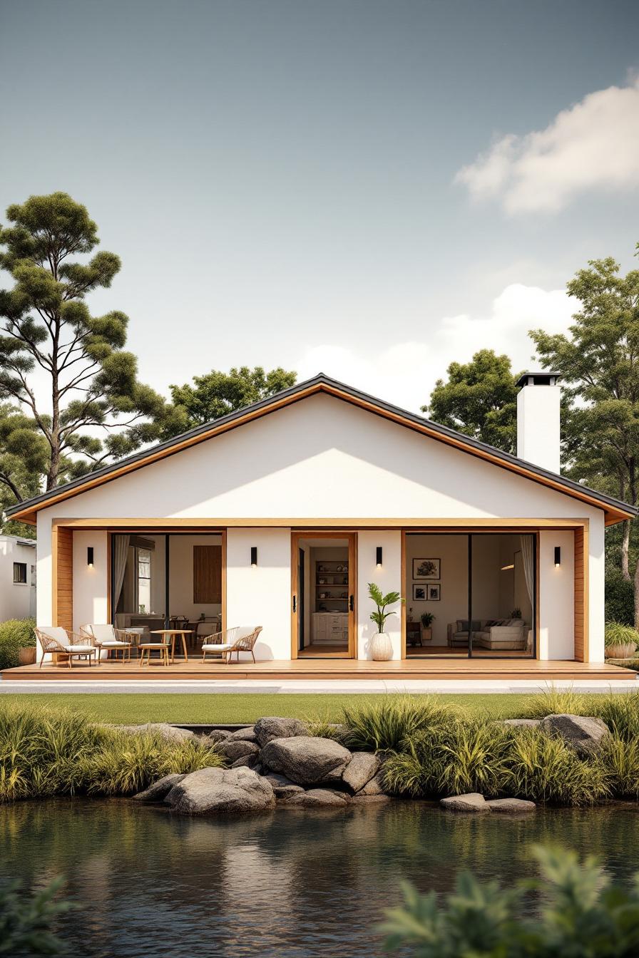 Modern riverside house with patio and large windows