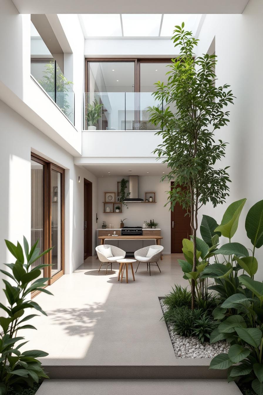 Bright courtyard with plants, chairs, and skylight