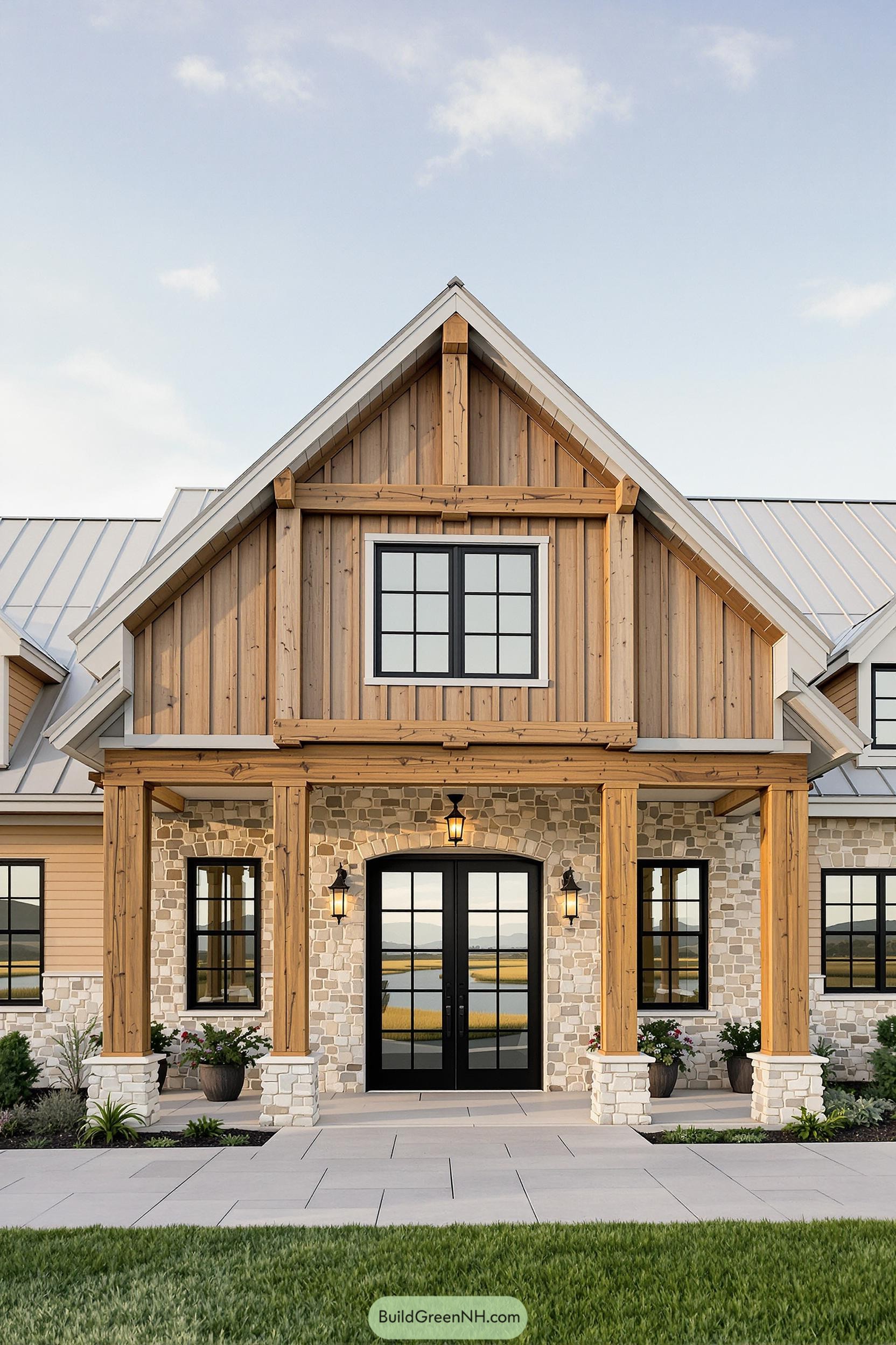 Stone farmhouse entrance with wooden gable and elegant lanterns
